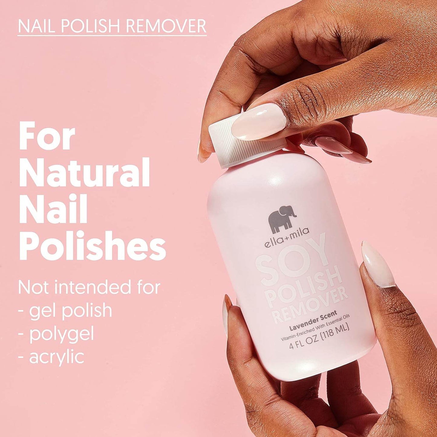 ella+mila Soy Nail Polish Remover Non-Acetone Nail Polish Remover - Non-Toxic Fingernail Polish Remover - Enriched with Lavender Essential Oil & Vitamins A,C & E (4 fl oz) - Concordia Style Boutique