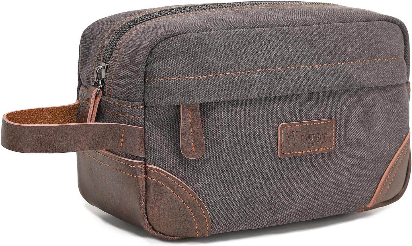 Toiletry Bag for Men, Leather and Canvas Travel Toiletry Bag Dopp Kit Shaving Bag for Travel Accessories (Light Grey) - Concordia Style Boutique
