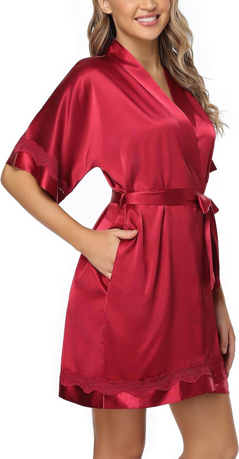 The Bund Women's Satin Robes Bride Bridesmaid Lace Short Silk Wedding Party Lightweight Bathrobe Soft Sleepwear S-XXXL - Concordia Style Boutique