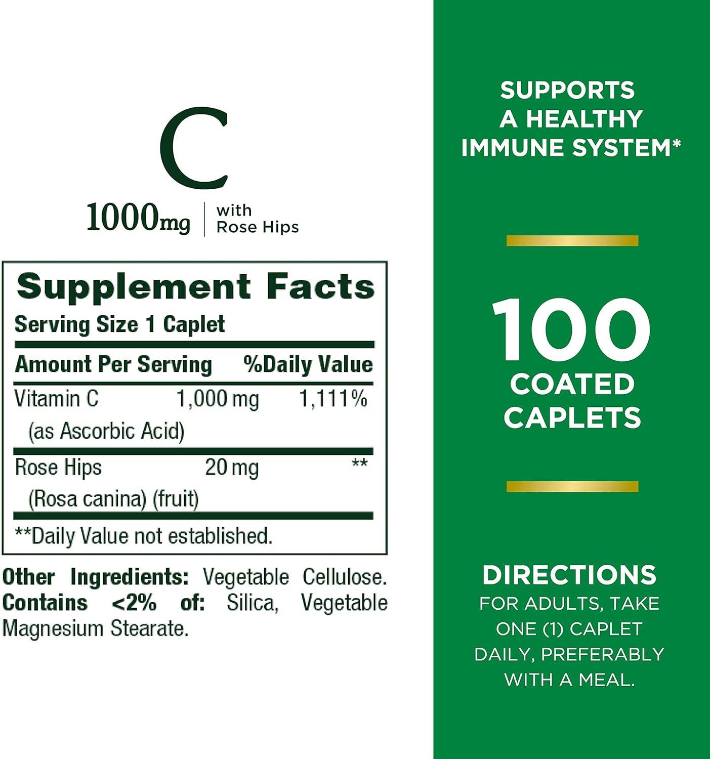 Nature's Bounty Vitamin C + Rose Hips, Immune Support, 1000mg, Coated Caplets, 100 Ct - Concordia Style Boutique
