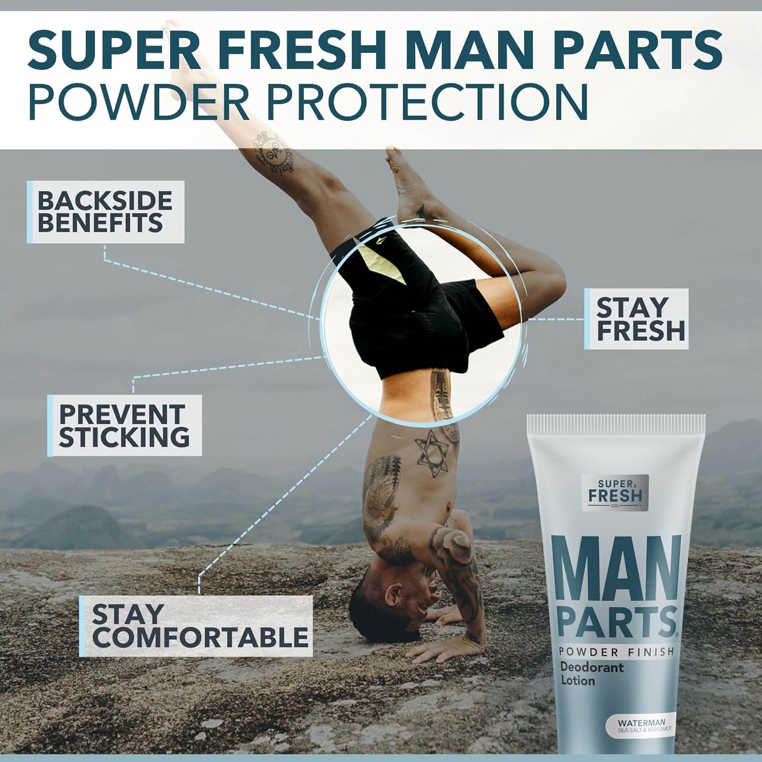 Man Parts - Deodorant for Men - POWDER LOTION - Men's Hygiene Cream for Groin, Butt, & Body - Fresh Control Odor, Anti Chafing, Stop Itch, Absorb Sweat - Aluminum Free - 4 oz Tube - Concordia Style Boutique