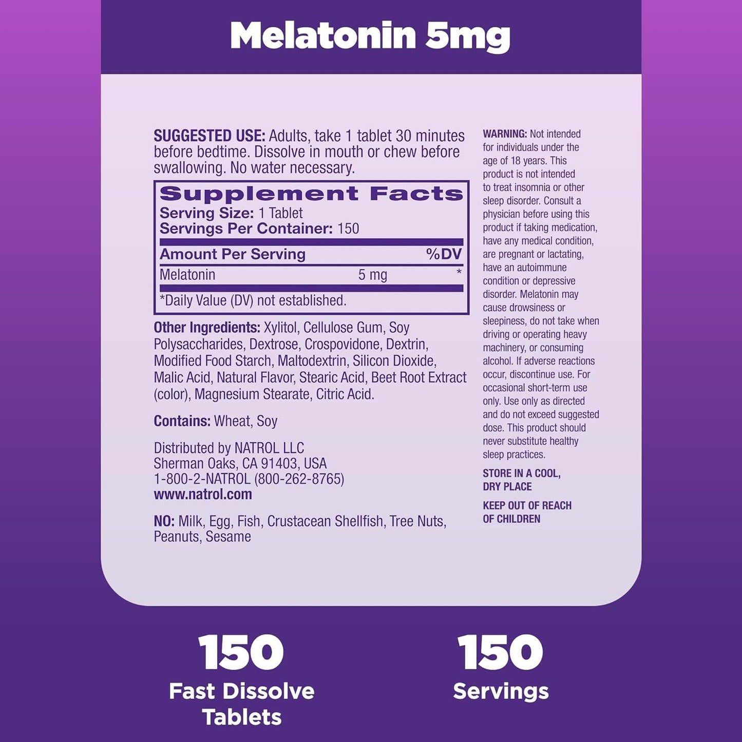 Natrol Melatonin 5mg, Strawberry-Flavored Dietary Supplement for Restful Sleep, 150 Fast-Dissolve Tablets, 150 Day Supply - Concordia Style Boutique