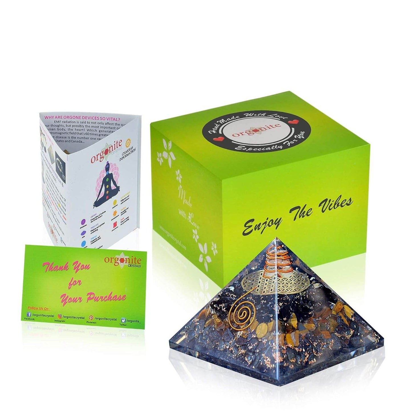 Orgonite Crystal Triple Protection Orgone Pyramid with Black Tourmaline, Tiger Eye and Hematite Crystals – Flower of Life Pyramid Dispels Negative Energy to Promote Luck and Prosperity - Concordia Style Boutique