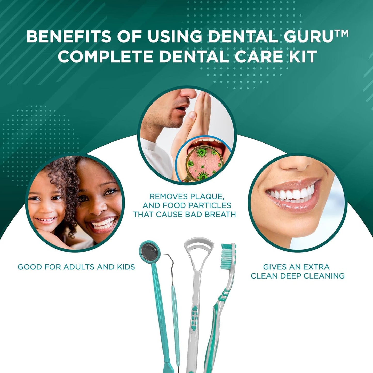 GuruNanda Dental Guru Dental Tools - Complete Dental Care Kit with Toothbrush, Dental Mirror, Tongue Cleaner & Dental Pick - Set of 4 Oral Care and Teeth Cleaner, White - Concordia Style Boutique