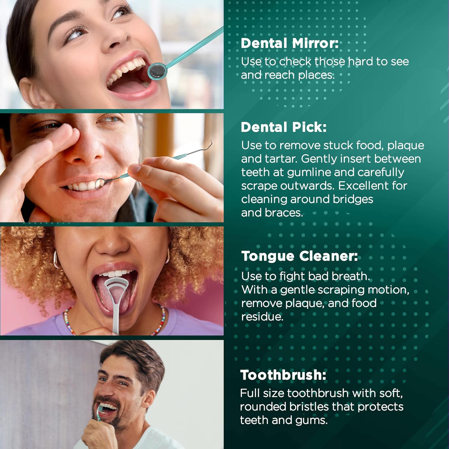 GuruNanda Dental Guru Dental Tools - Complete Dental Care Kit with Toothbrush, Dental Mirror, Tongue Cleaner & Dental Pick - Set of 4 Oral Care and Teeth Cleaner, White - Concordia Style Boutique