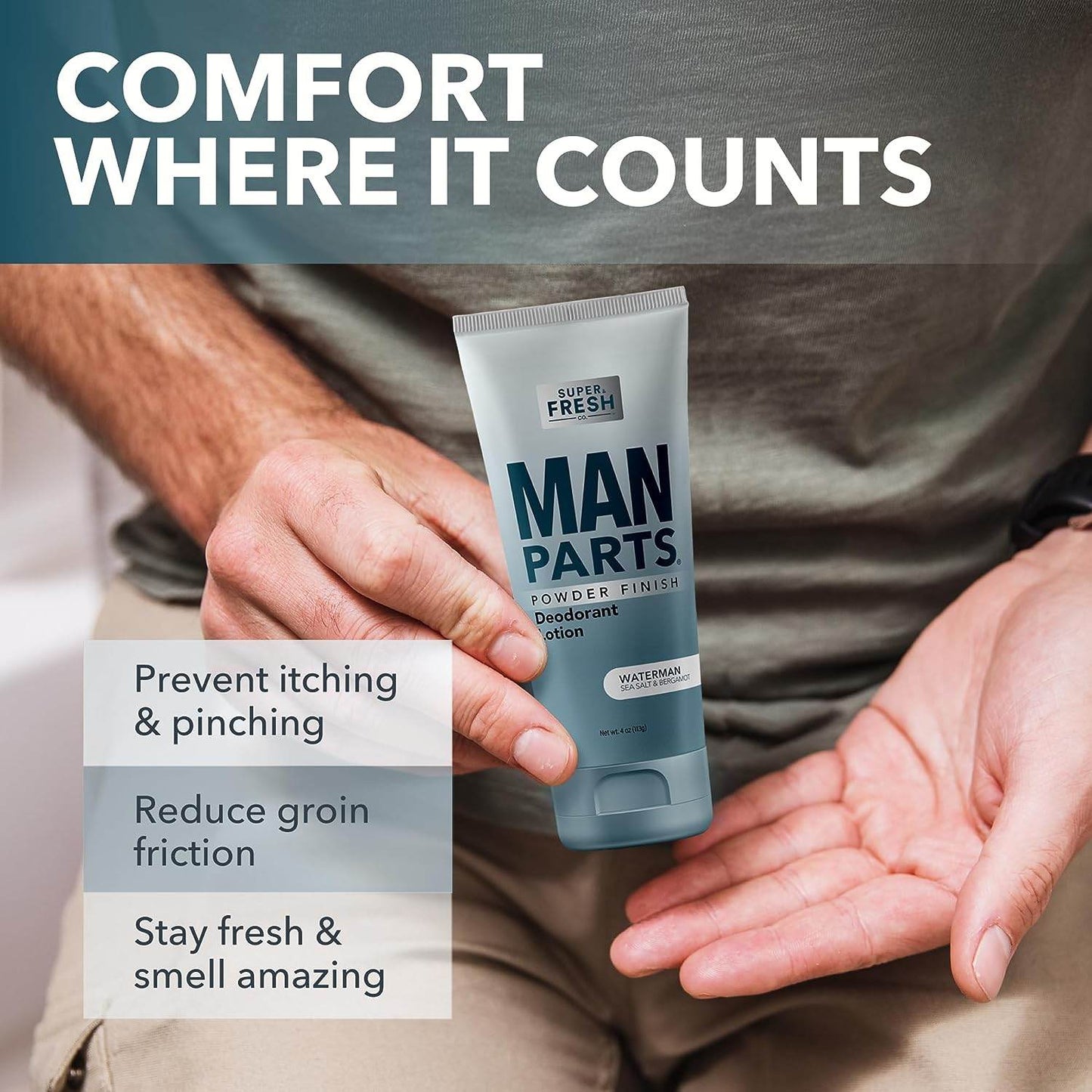 Man Parts - Deodorant for Men - POWDER LOTION - Men's Hygiene Cream for Groin, Butt, & Body - Fresh Control Odor, Anti Chafing, Stop Itch, Absorb Sweat - Aluminum Free - 4 oz Tube - Concordia Style Boutique