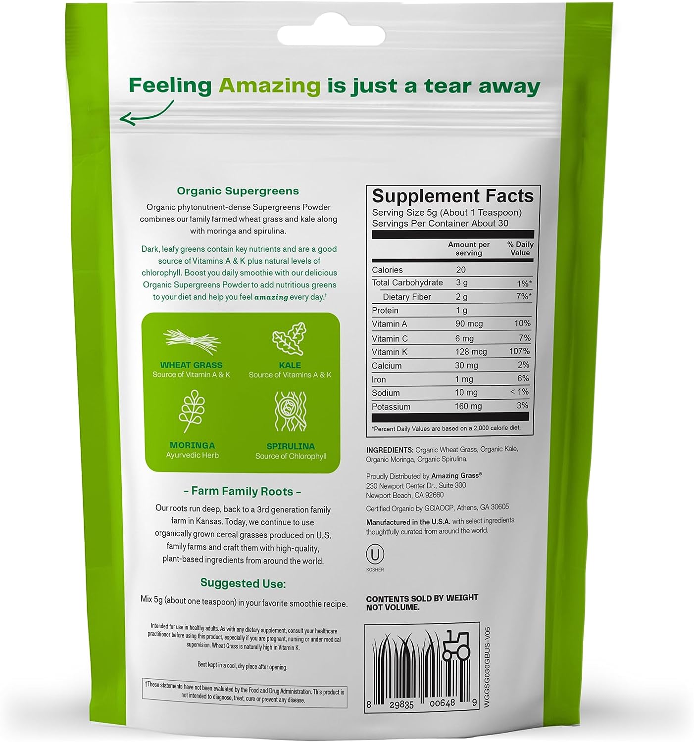 Greens Powder Smoothie Mix with Spirulina, Moringa, Wheat Grass & Kale Smoothie Booster, Chlorophyll Providing Greens, 30 Servings - Concordia Style Boutique