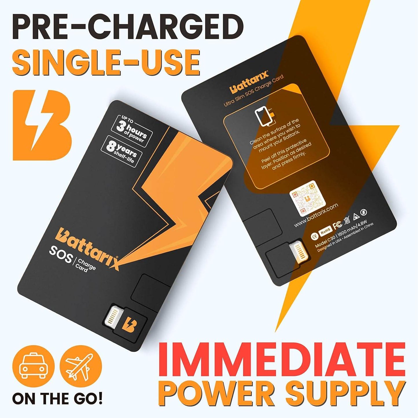 BATTARIX SOS Charge Card - Ultra-Thin Credit Card Sized Portable Charger & Battery Bank - External Battery Lightning Phone Charger for Android and iPhone Models (Single Use, Pre Charged) - Concordia Style Boutique