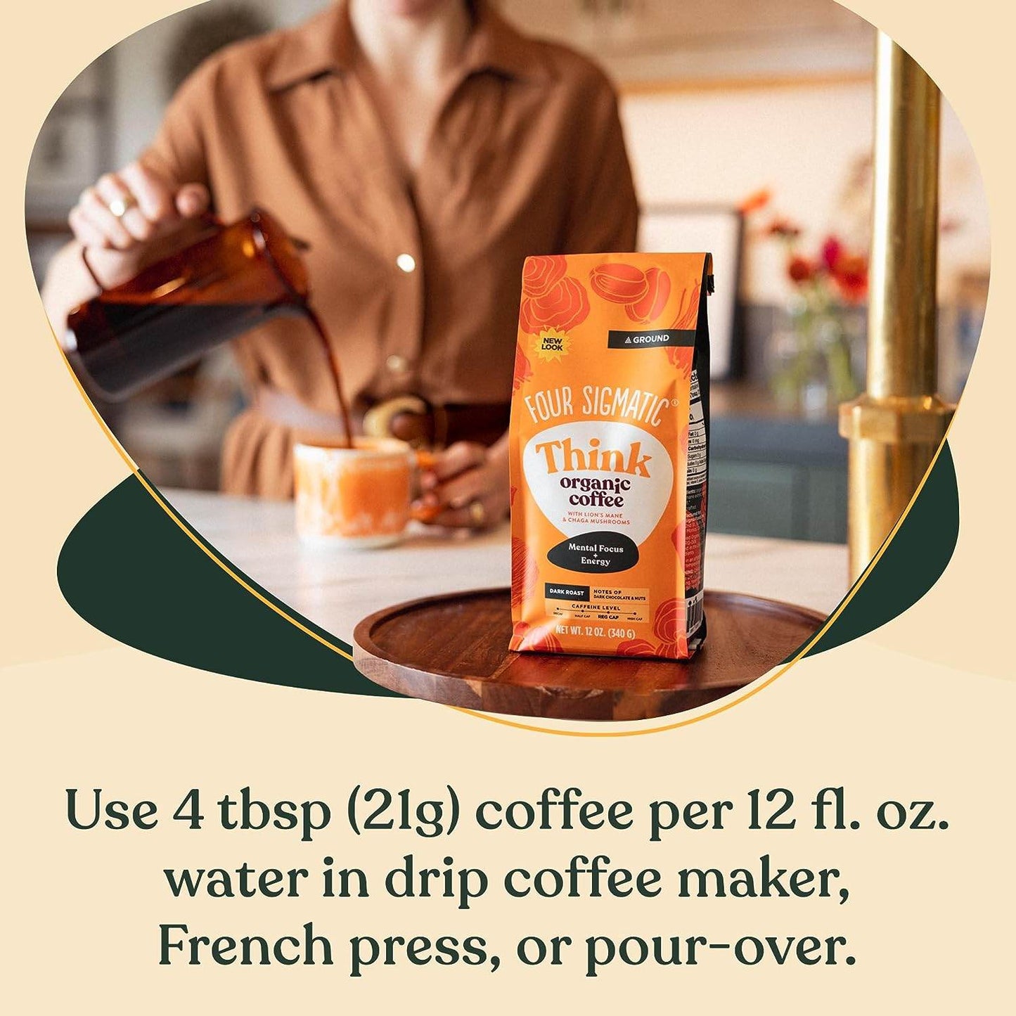 Organic Mushroom Ground Coffee by Four Sigmatic | Dark Roast, Fair Trade Gourmet Coffee with Lion's Mane, Chaga & Mushroom Powder | Immune Boosting Coffee for Focus & Immune Support | 12oz Bag - Concordia Style Boutique