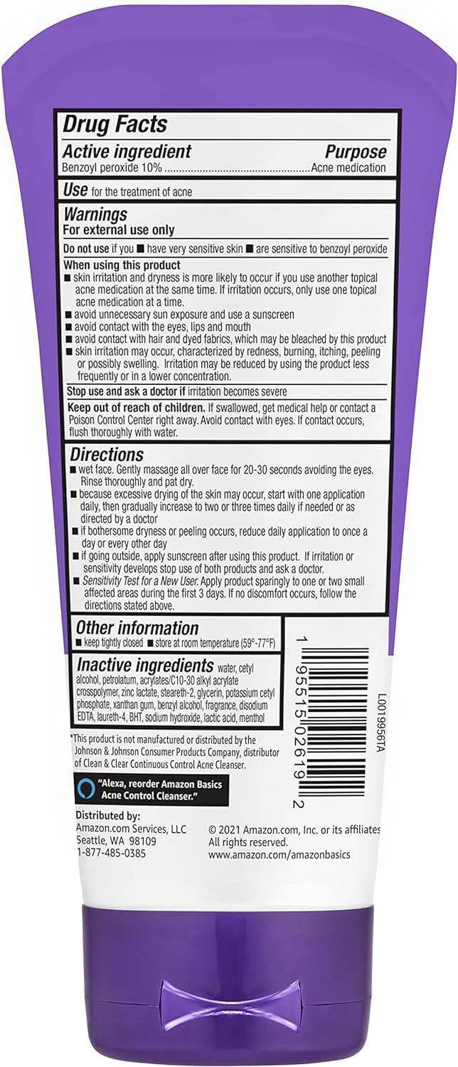 Amazon Basics Daily Acne Control Cleanser, Maximum Strength 10% Benzoyl Peroxide Acne Medication, Fragrance Free, 5 Ounce - Concordia Style Boutique