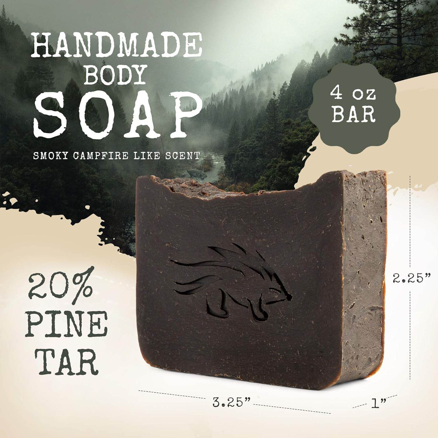 Natural Pine Tar Soap for Men and Women, 4 oz Bar, 20% Pine Tar - Handmade Body Soap to Help Relieve Symptoms of Eczema and Psoriasis - Creosote Free - Strong Smoky Campfire Like Scent - Concordia Style Boutique