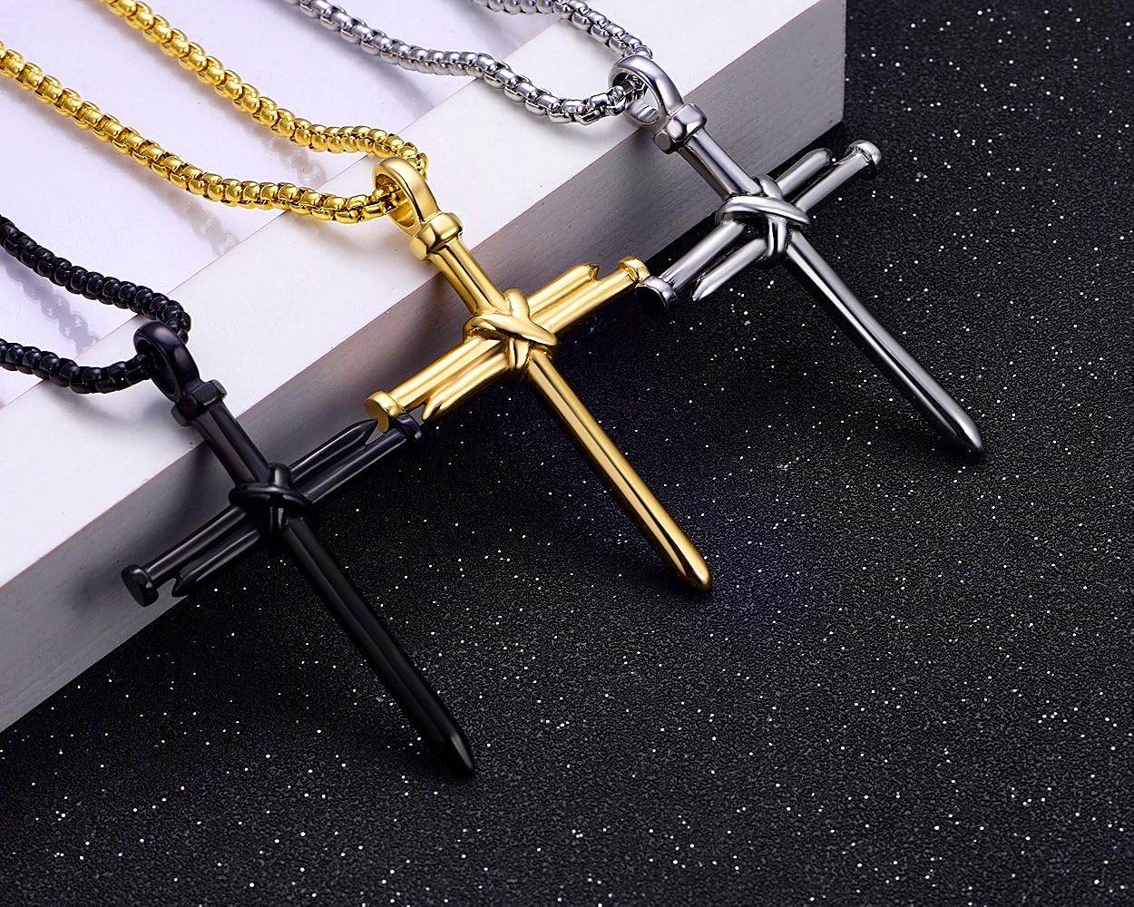 Rehoboth Men's Stainless Steel Nail Cross Pendant Necklace with 24 Inch Chain Polished Black Gold Silver - Concordia Style Boutique