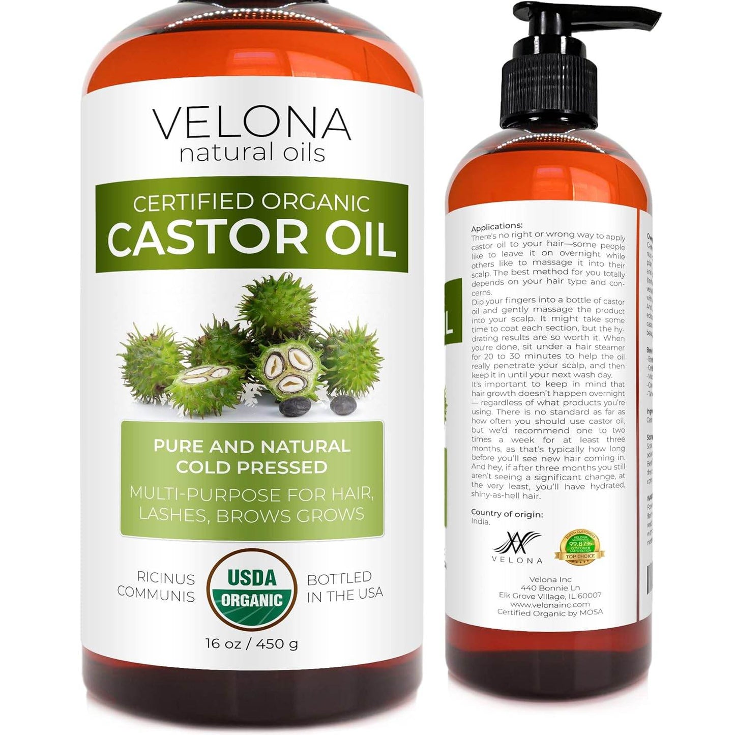 Velona USDA Certified Organic Castor Oil - 16 oz (With Pump) | For Hair, Boost Eyelashes, Eyebrows | Cold pressed, Natural Oil, USP Grade | Hexane Free, Lash Serum, Caster - Concordia Style Boutique