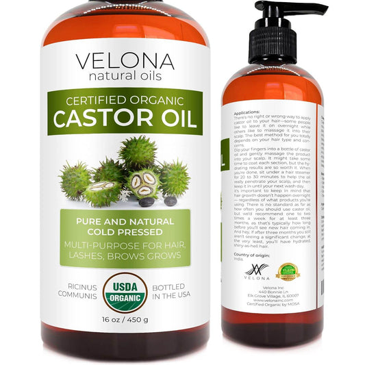 Velona USDA Certified Organic Castor Oil - 16 oz (With Pump) | For Hair, Boost Eyelashes, Eyebrows | Cold pressed, Natural Oil, USP Grade | Hexane Free, Lash Serum, Caster - Concordia Style Boutique