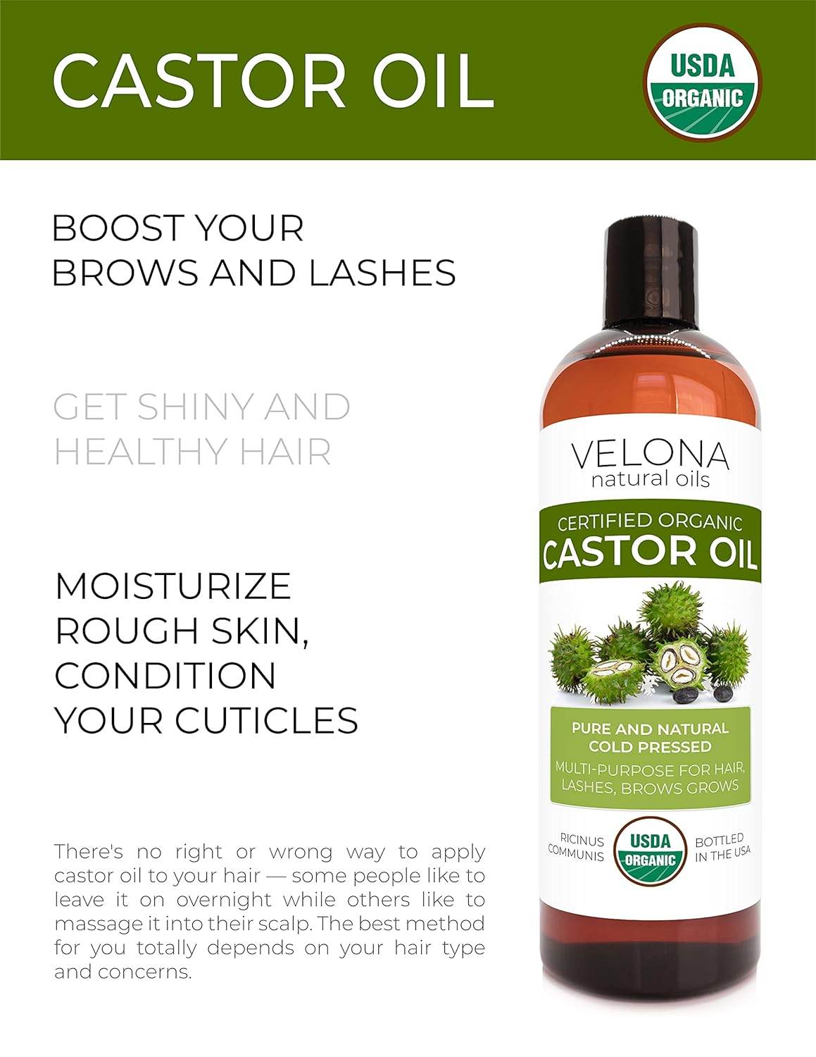 Velona USDA Certified Organic Castor Oil - 16 oz (With Pump) | For Hair, Boost Eyelashes, Eyebrows | Cold pressed, Natural Oil, USP Grade | Hexane Free, Lash Serum, Caster - Concordia Style Boutique