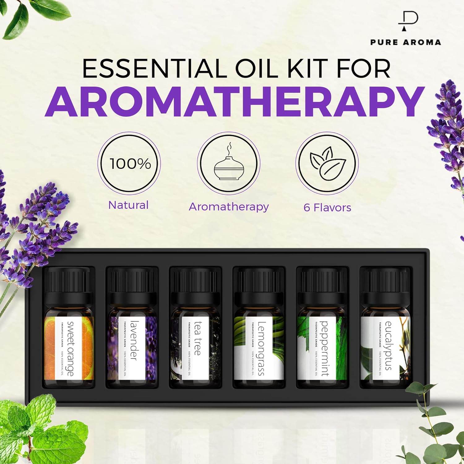 Essential Oils by PURE AROMA 100% Pure Oils kit- Top 6 Aromatherapy Oils Gift Set-6 Pack, 10ML(Eucalyptus, Lavender, Lemon Grass, Orange, Peppermint, Tea Tree) - Concordia Style Boutique