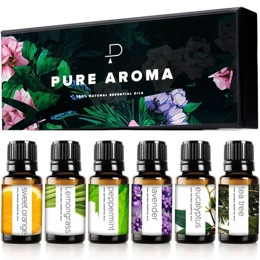 Essential Oils by PURE AROMA 100% Pure Oils kit- Top 6 Aromatherapy Oils Gift Set-6 Pack, 10ML(Eucalyptus, Lavender, Lemon Grass, Orange, Peppermint, Tea Tree) - Concordia Style Boutique