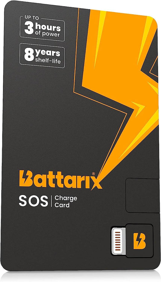 BATTARIX SOS Charge Card - Ultra-Thin Credit Card Sized Portable Charger & Battery Bank - External Battery Lightning Phone Charger for Android and iPhone Models (Single Use, Pre Charged) - Concordia Style Boutique