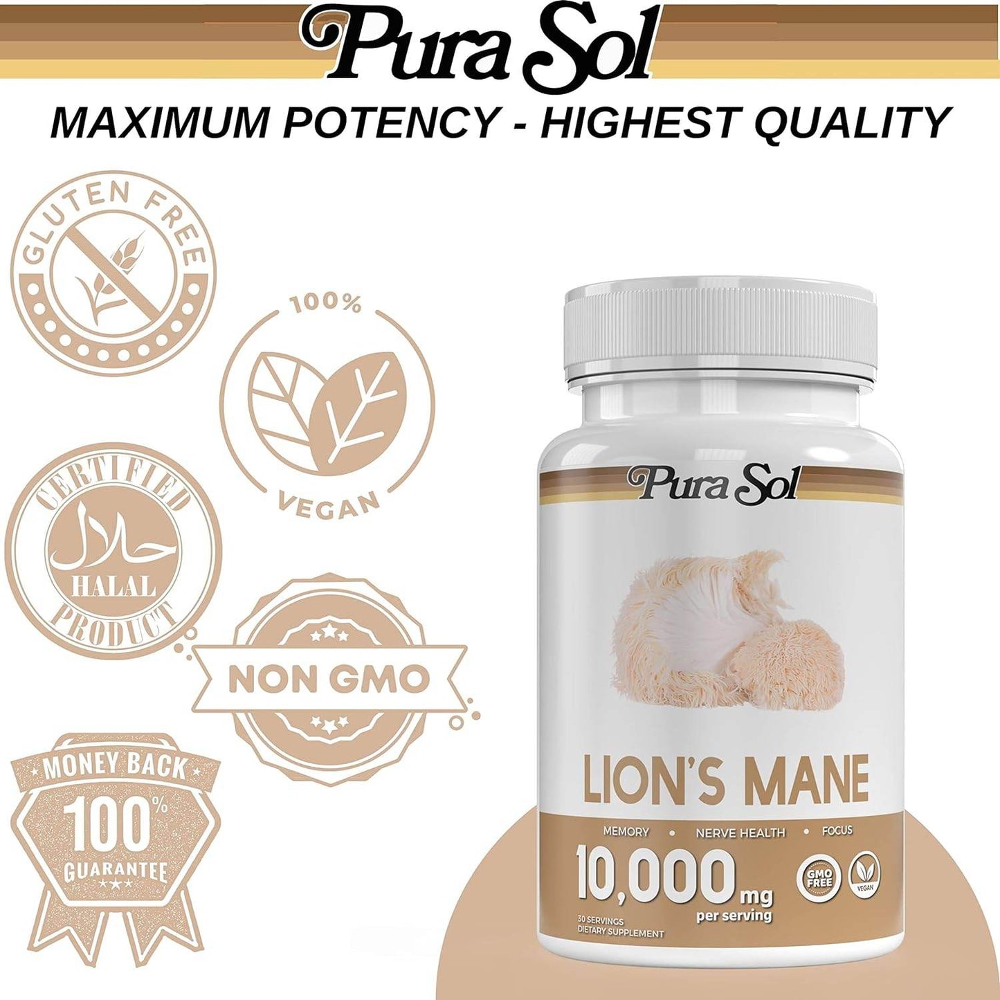 Lion’s Mane Mushroom Capsules 10,000 mg - 10:1 Hericium Powder Extract Supplement- Focus, Clarity and Cognition Supplement - Concordia Style Boutique