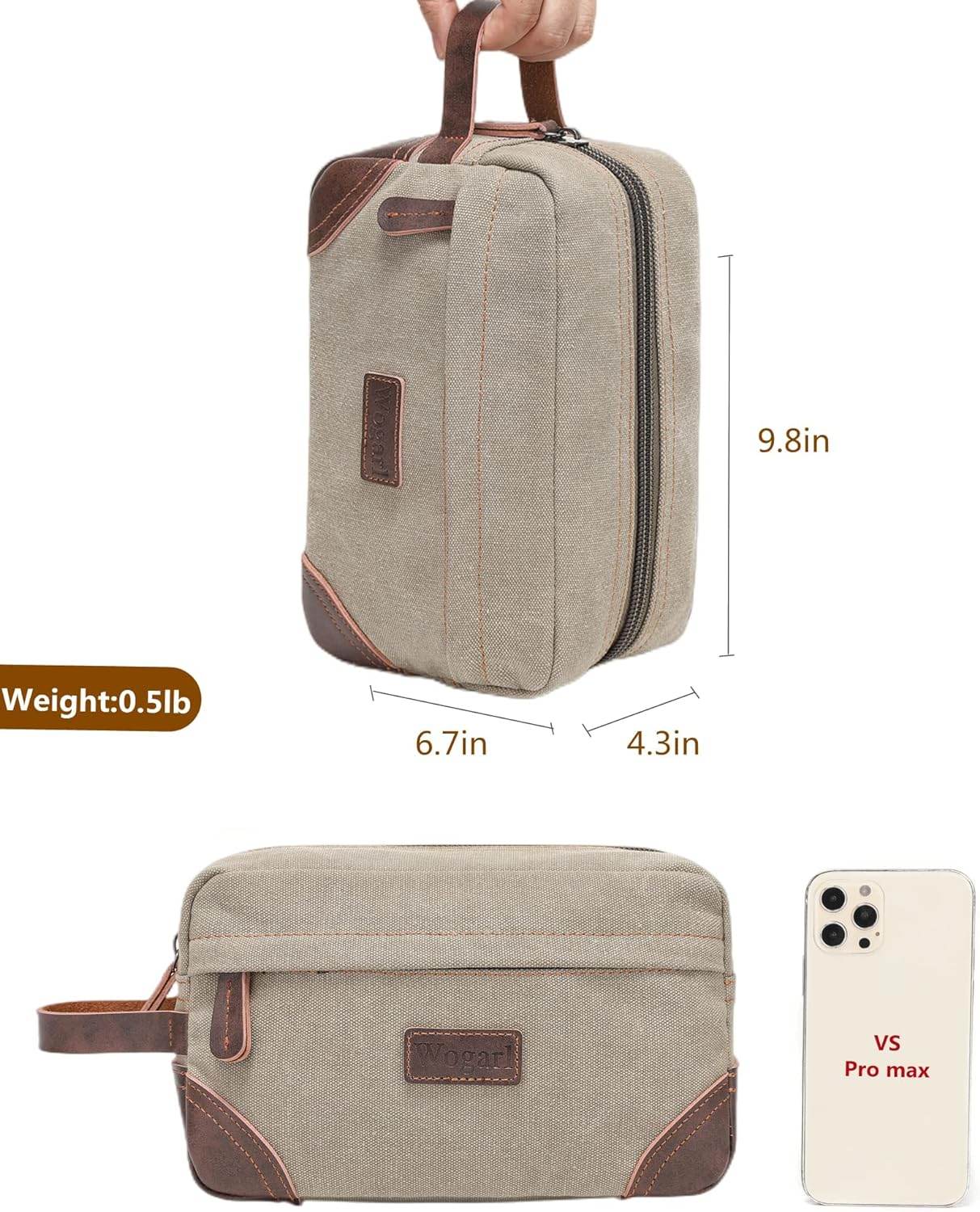 Toiletry Bag for Men, Leather and Canvas Travel Toiletry Bag Dopp Kit Shaving Bag for Travel Accessories (Light Grey) - Concordia Style Boutique