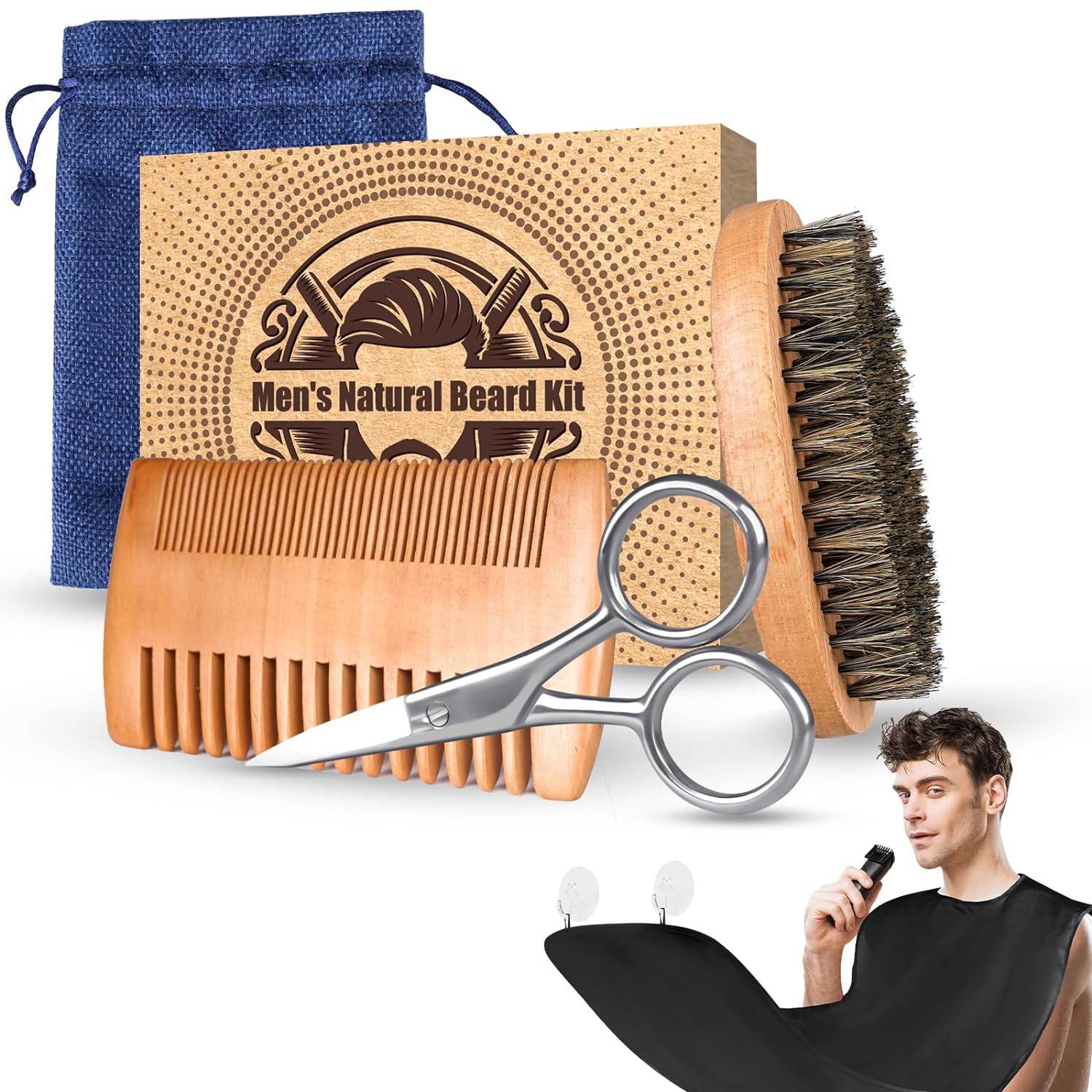 Beard Brush Comb Bib Scissors - - Men’s 5 Pieces Beard Growth Grooming Kit- Natural Boar Bristle Brush Beard Care - Concordia Style Boutique