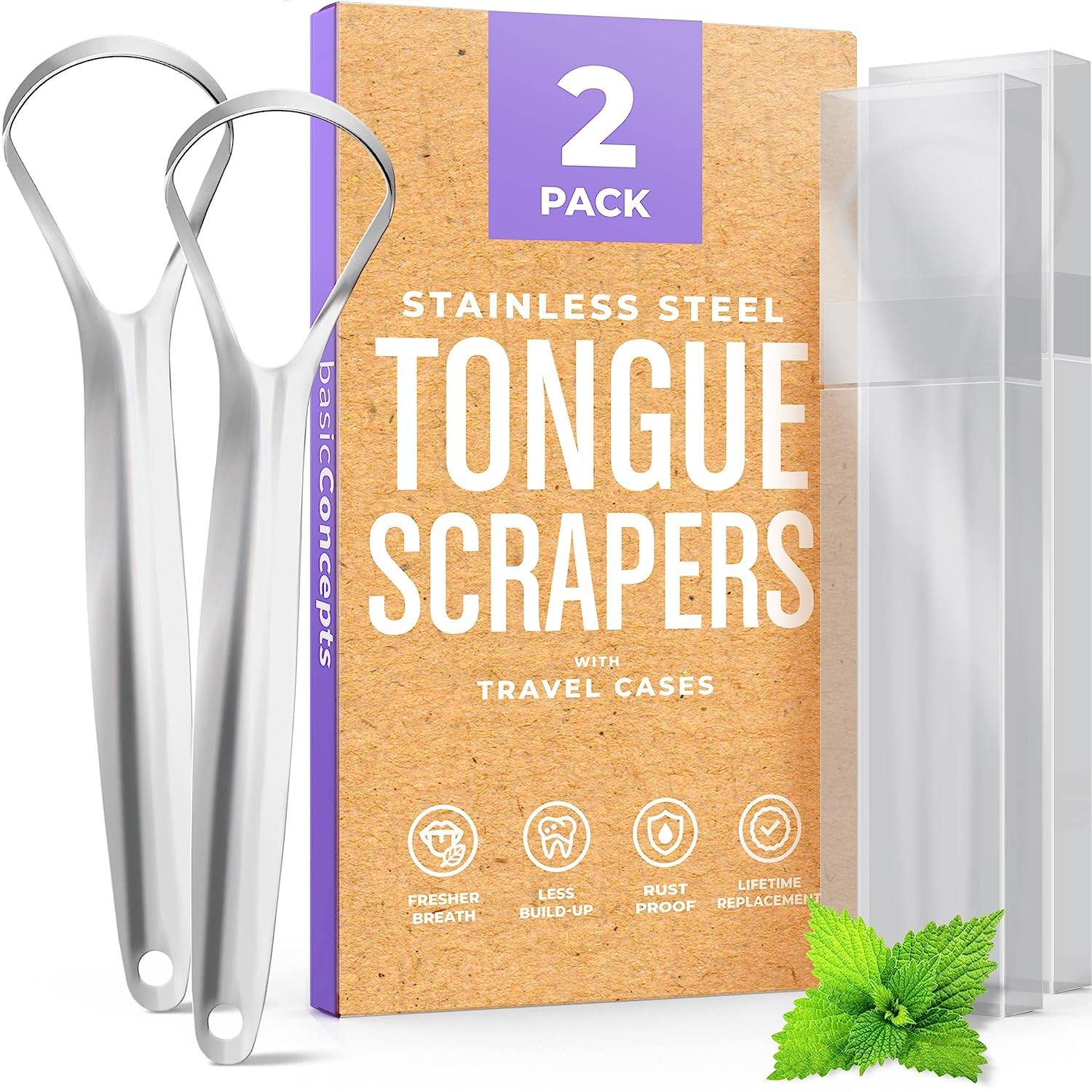 Tongue Scraper for Adults (2 Pack), Reduce Bad Breath (Travel Cases Included), Stainless Steel Tongue Cleaners, 100% Metal Tongue Scraper with Case Fresh Breath Tongue Cleaner Oral - Concordia Style Boutique