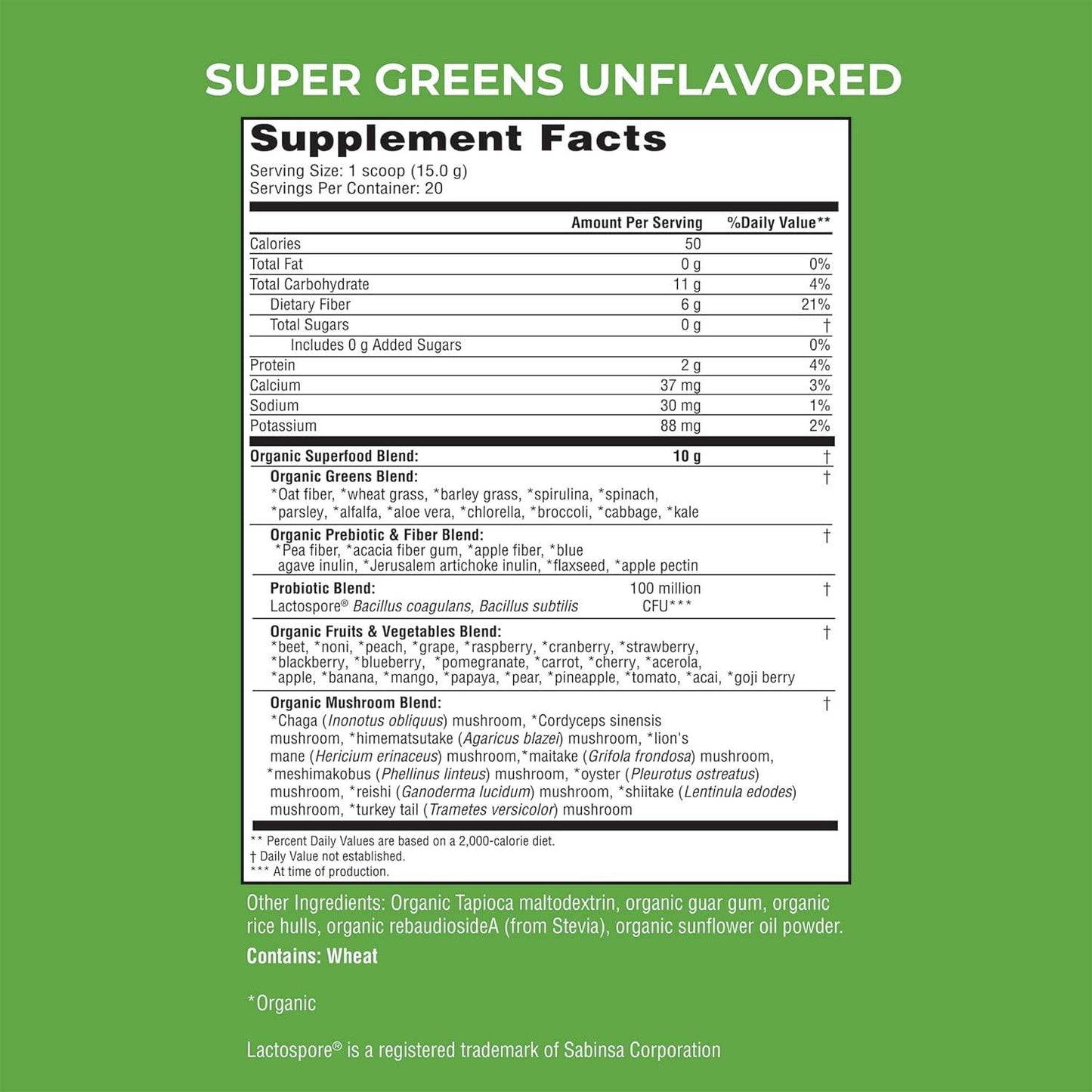 Super Greens Natural Flavor, 50 Organic Super Foods, USDA Organic Drink Mix, Mushrooms & Probiotics, Supports Energy, 20 Servings, 10.6 Oz - Concordia Style Boutique