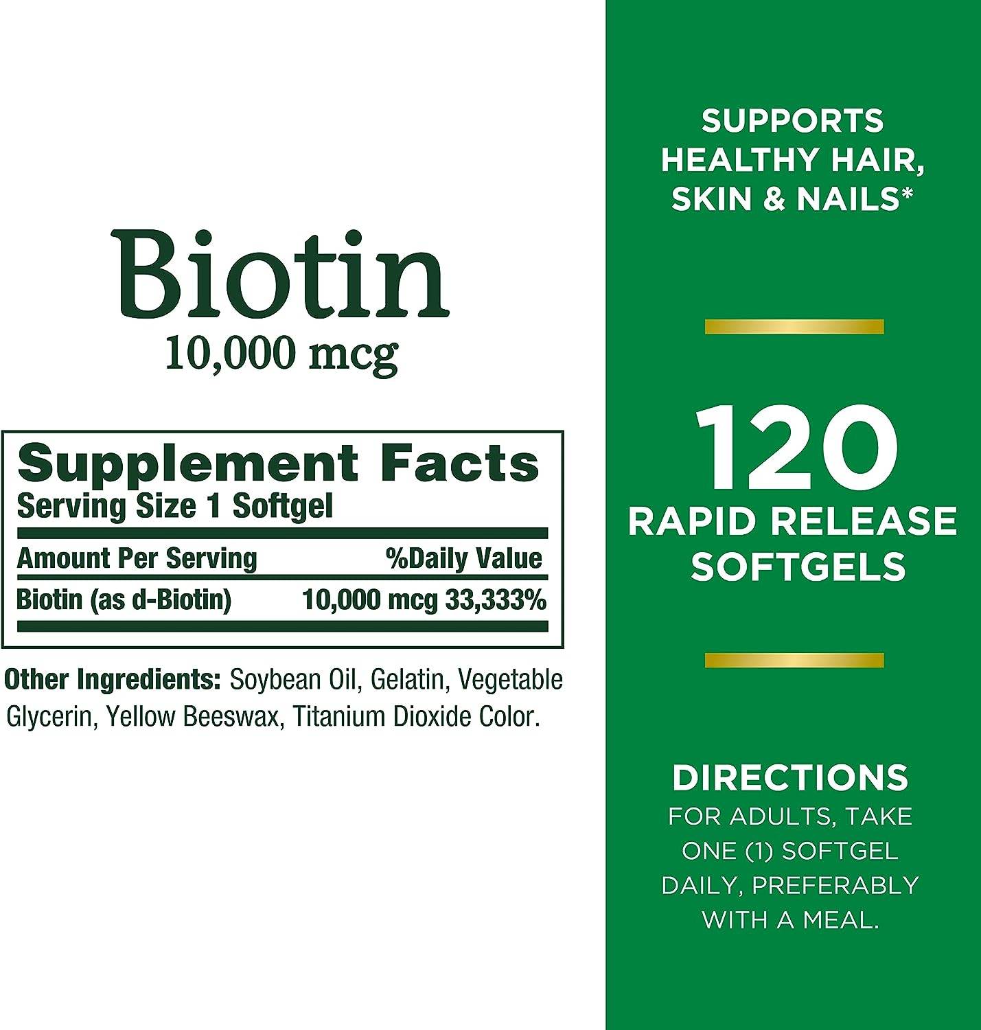 Nature's Bounty Biotin, Supports Healthy Hair, Skin and Nails, 10,000 mcg, Rapid Release Softgels, 120 Ct - Concordia Style Boutique