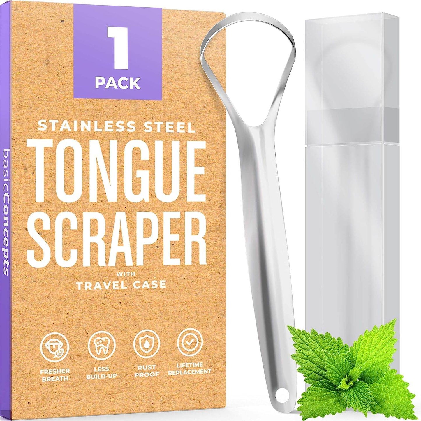 Tongue Scraper for Adults (2 Pack), Reduce Bad Breath (Travel Cases Included), Stainless Steel Tongue Cleaners, 100% Metal Tongue Scraper with Case Fresh Breath Tongue Cleaner Oral - Concordia Style Boutique