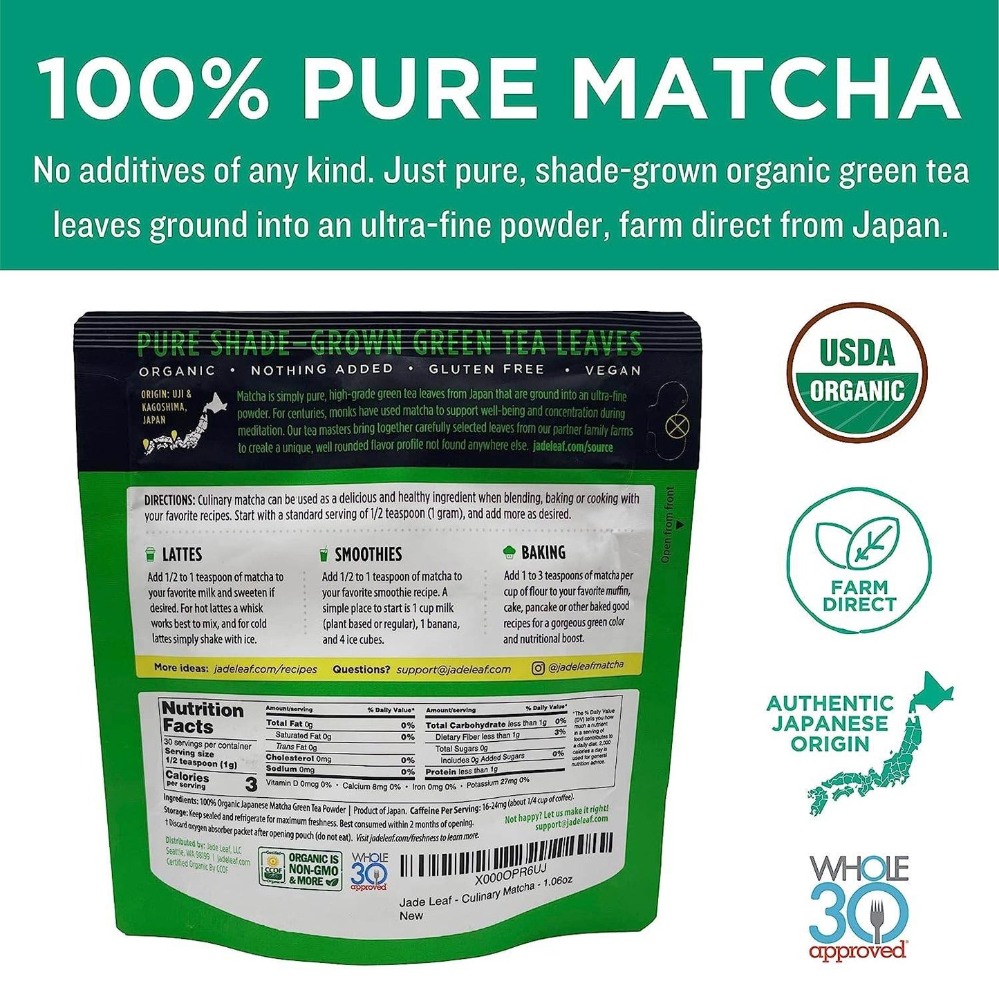 Jade Leaf Matcha Organic Green Tea Powder - Culinary Grade Premium Second Harvest - Authentic Japanese Origin (1.06 Ounce Pouch) - Concordia Style Boutique