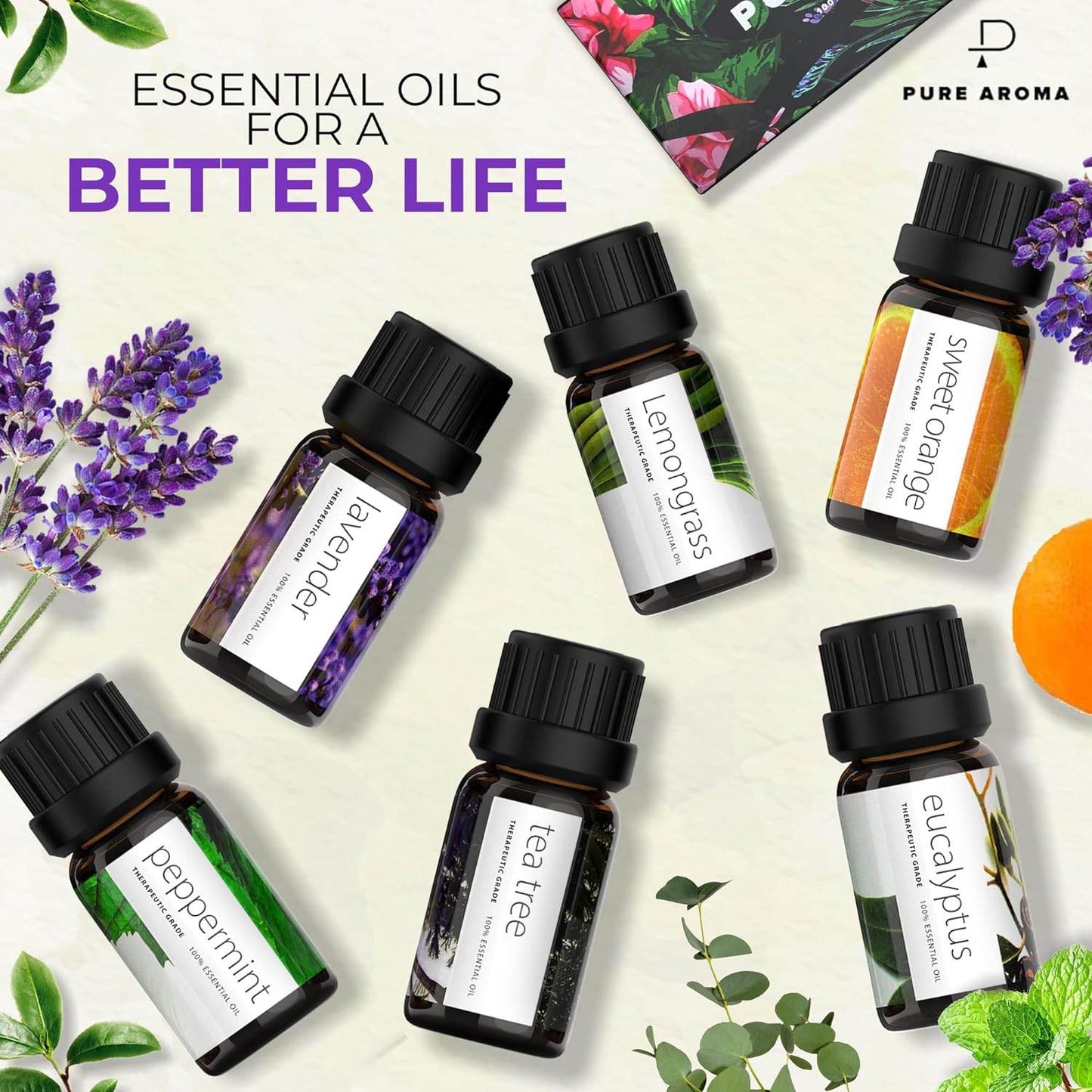 Essential Oils by PURE AROMA 100% Pure Oils kit- Top 6 Aromatherapy Oils Gift Set-6 Pack, 10ML(Eucalyptus, Lavender, Lemon Grass, Orange, Peppermint, Tea Tree) - Concordia Style Boutique