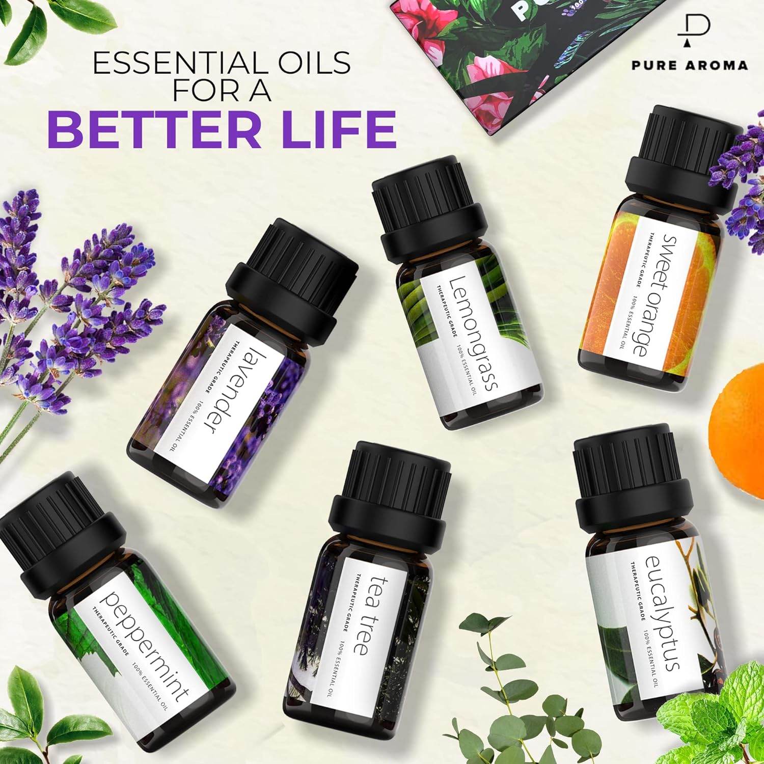 Essential Oils by PURE AROMA 100% Pure Oils kit- Top 6 Aromatherapy Oils Gift Set-6 Pack, 10ML(Eucalyptus, Lavender, Lemon Grass, Orange, Peppermint, Tea Tree) - Concordia Style Boutique