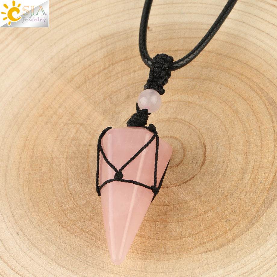 CSJA Natural Stone Cone Pendants Crystal Quartz Black Rope Wrapped Treatment Stones Necklace for Men Female Fashion Jewelry G173 - Concordia Style Boutique