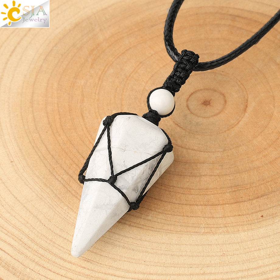 CSJA Natural Stone Cone Pendants Crystal Quartz Black Rope Wrapped Treatment Stones Necklace for Men Female Fashion Jewelry G173 - Concordia Style Boutique