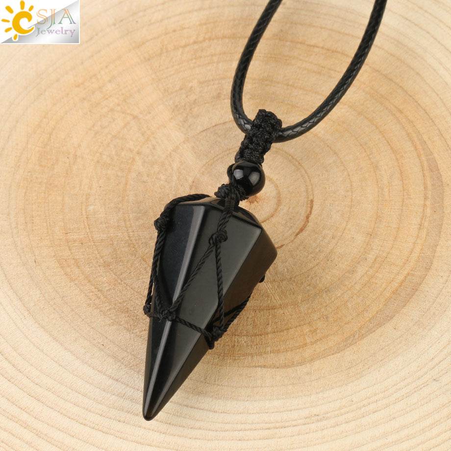 CSJA Natural Stone Cone Pendants Crystal Quartz Black Rope Wrapped Treatment Stones Necklace for Men Female Fashion Jewelry G173 - Concordia Style Boutique