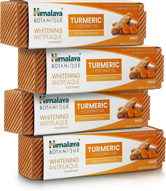 Himalaya Botanique Turmeric & Coconut Oil Whitening Antiplaque Herbal Toothpaste, Whitens Teeth, Fluoride Free, No Artificial Flavors, SLS Free, Vegan, Cruelty Free, Foaming, Mint Flavor, 4 Oz, 1 Pack - Concordia Style Boutique