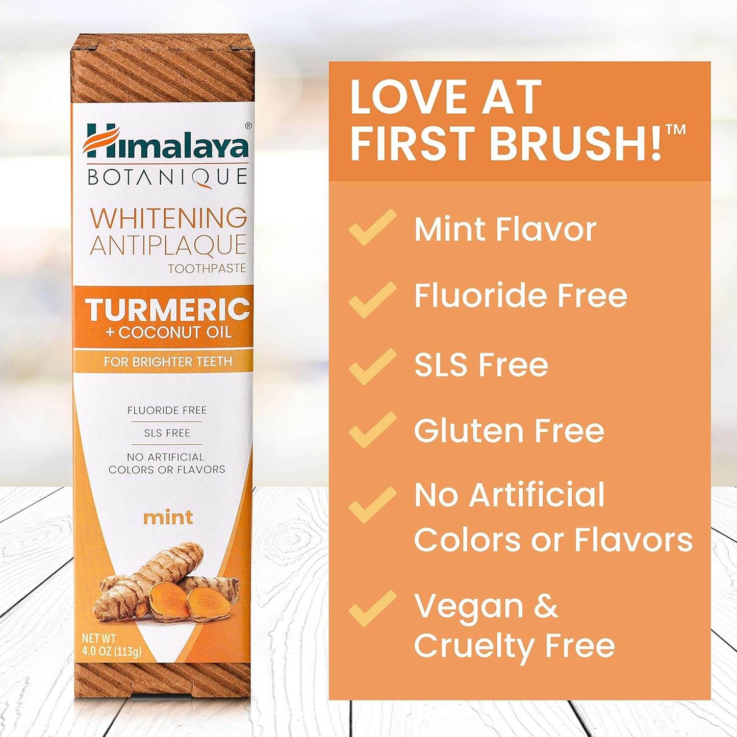 Himalaya Botanique Turmeric & Coconut Oil Whitening Antiplaque Herbal Toothpaste, Whitens Teeth, Fluoride Free, No Artificial Flavors, SLS Free, Vegan, Cruelty Free, Foaming, Mint Flavor, 4 Oz, 1 Pack - Concordia Style Boutique