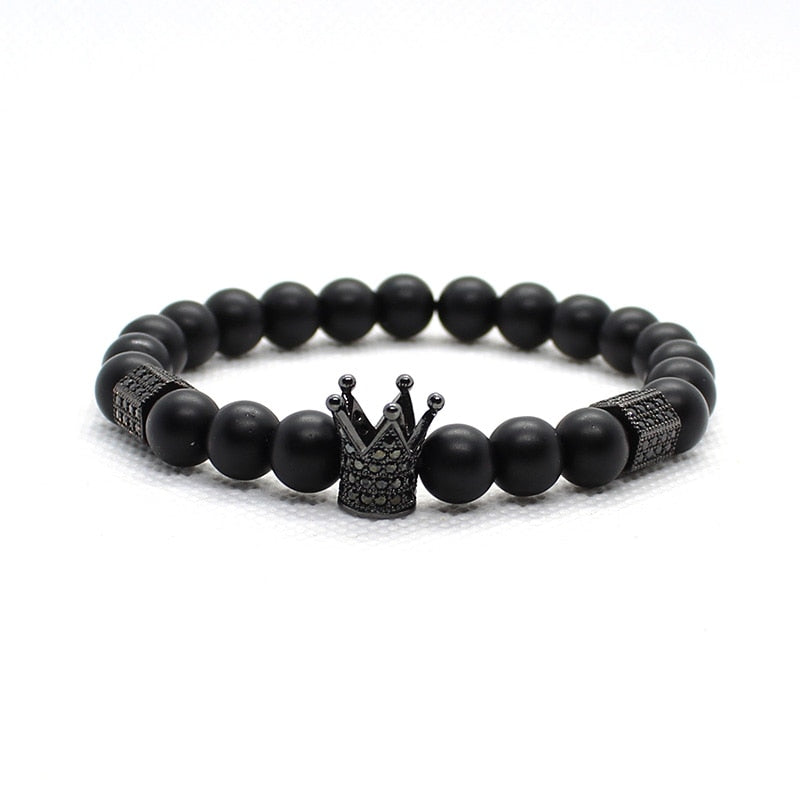 Matte Onyx Stone Beads Skull Bracelet Set Crown - Concordia Style Boutique