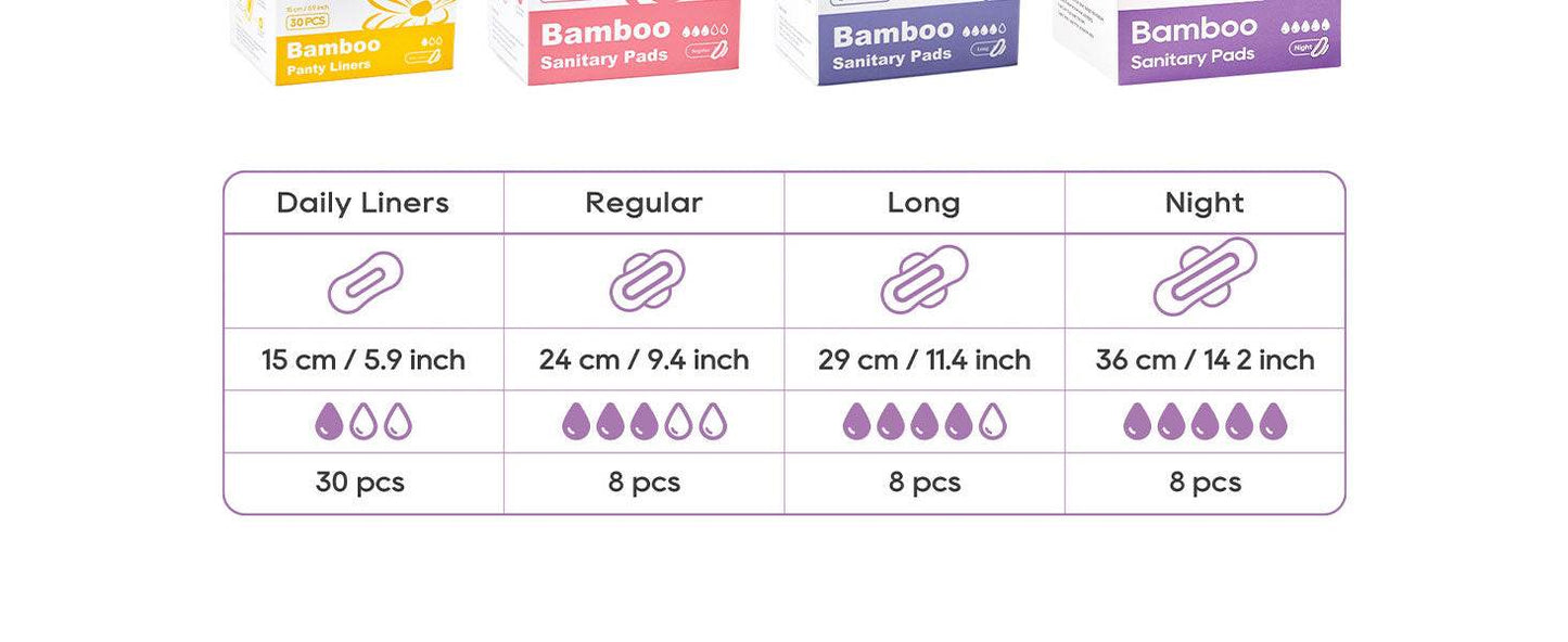 Bamboo Viscose Sanitary Pads with Wings 100% Natural Sanitary Pads Chlorine and Fragrance Free Heavy Absorbency Sanitary Napkins for Women 8 Count - Concordia Style Boutique