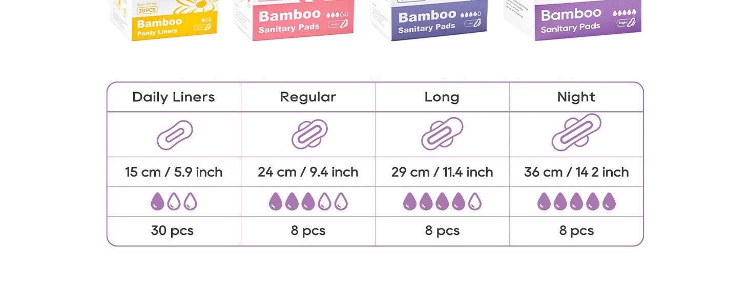 Bamboo Viscose Sanitary Pads with Wings 100% Natural Sanitary Pads Chlorine and Fragrance Free Heavy Absorbency Sanitary Napkins for Women 8 Count - Concordia Style Boutique