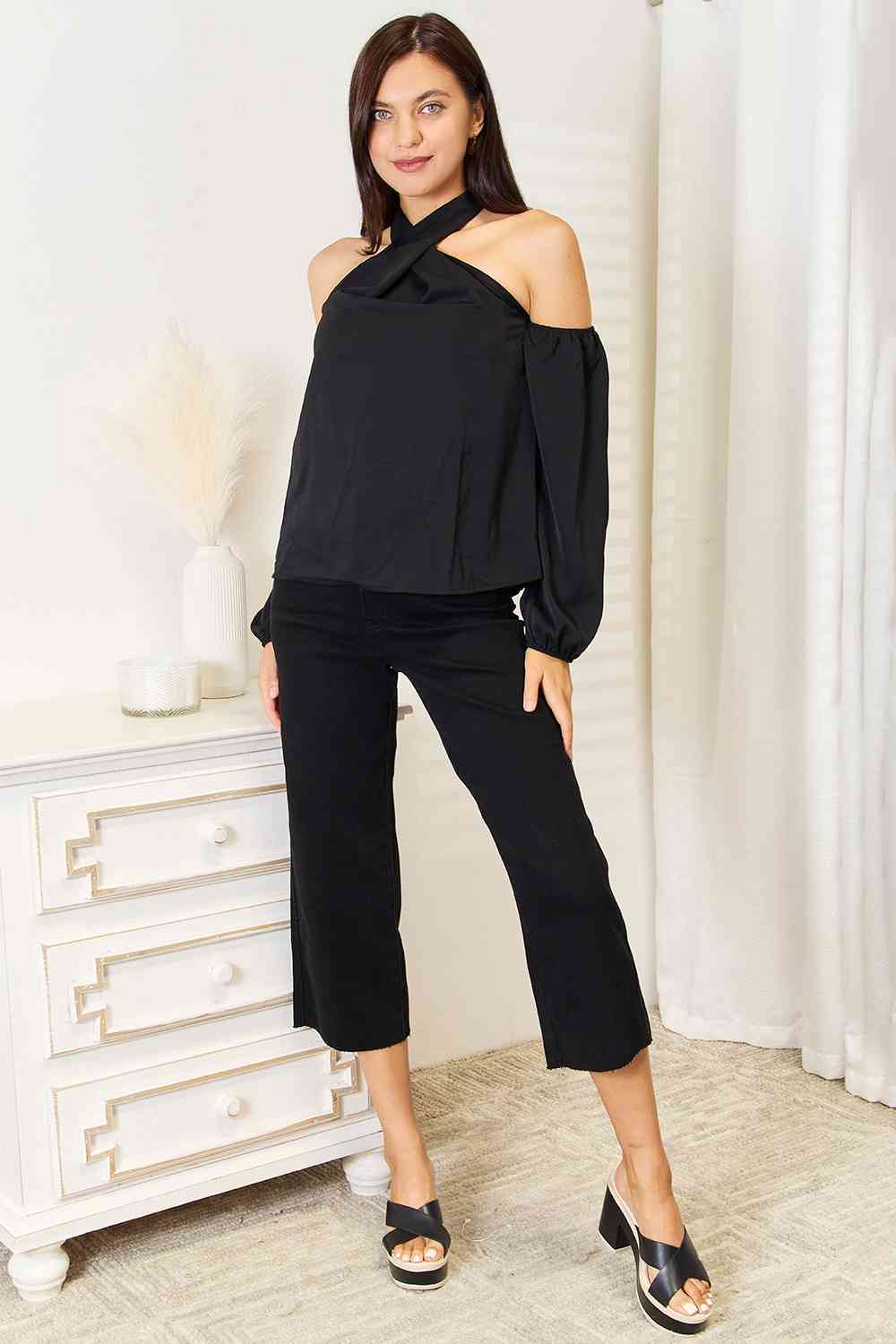 Double Take Grecian Cold Shoulder Long Sleeve Blouse - Concordia Style Boutique
