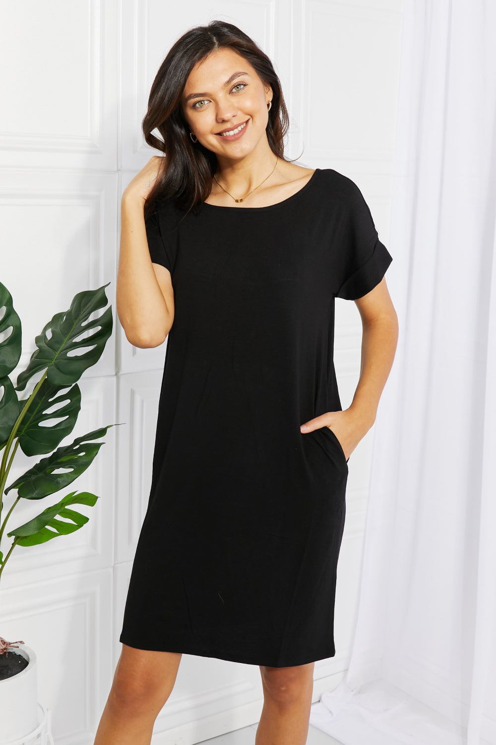 Zenana Chic in the City Full Size Rolled Short Sleeve Dress - Premium clothing from Trendsi - Just $12.44! Shop now at Concordia Style Boutique