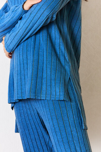 Basic Bae Full Size Ribbed Round Neck High-Low Slit Top and Pants Set - Concordia Style Boutique