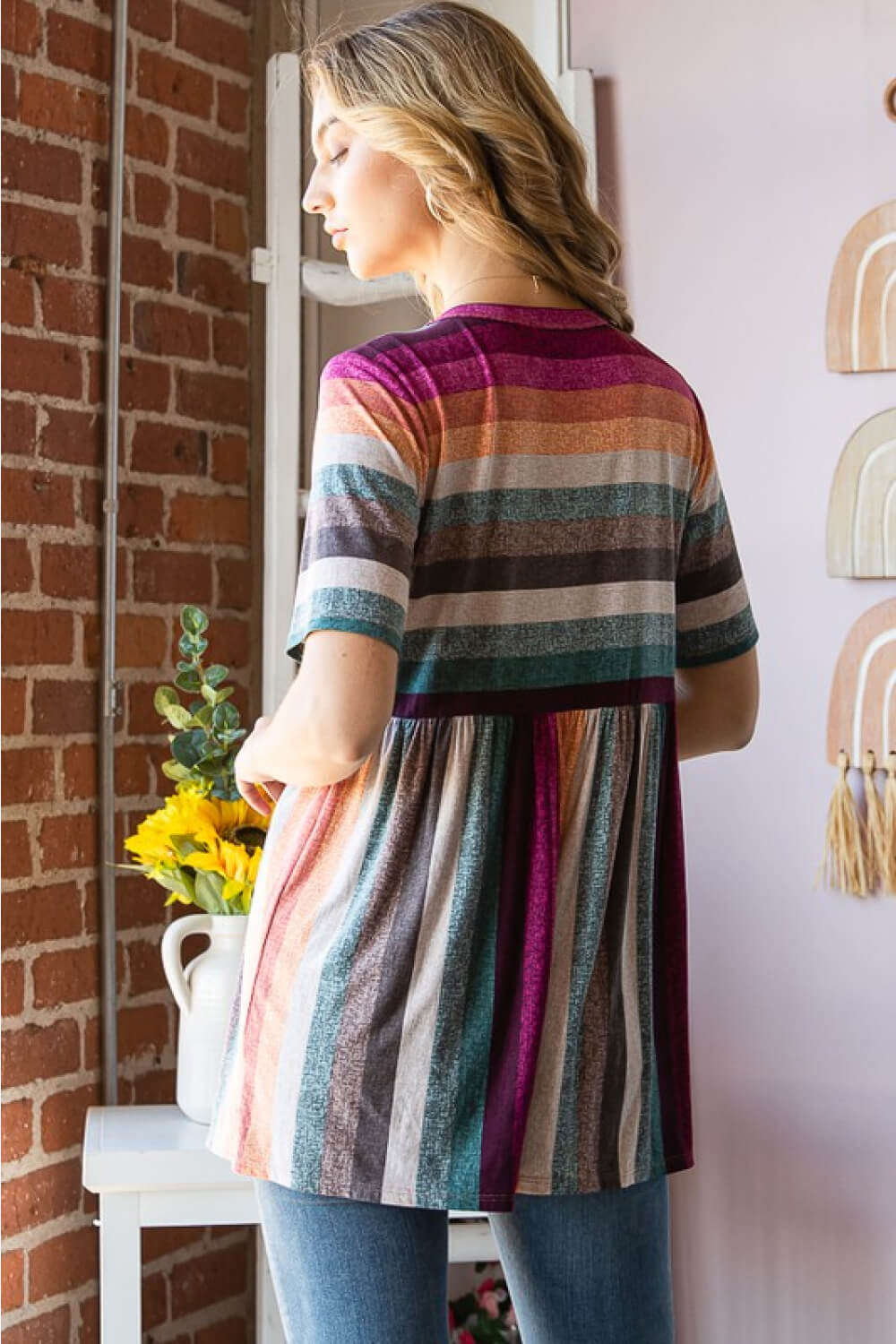 Heimish Full Size Striped Round Neck Babydoll Tee in Fuchsia Multi - Premium clothing from Trendsi - Just $14.18! Shop now at Concordia Style Boutique