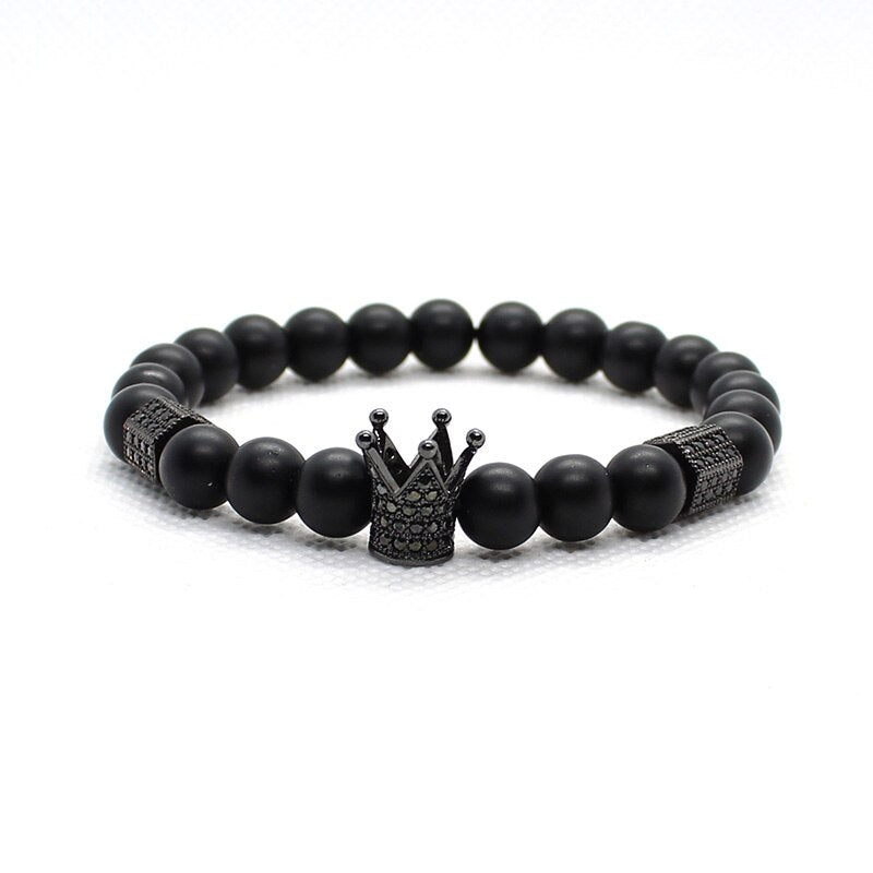 Matte Onyx Stone Beads Skull Bracelet Set Crown - Concordia Style Boutique