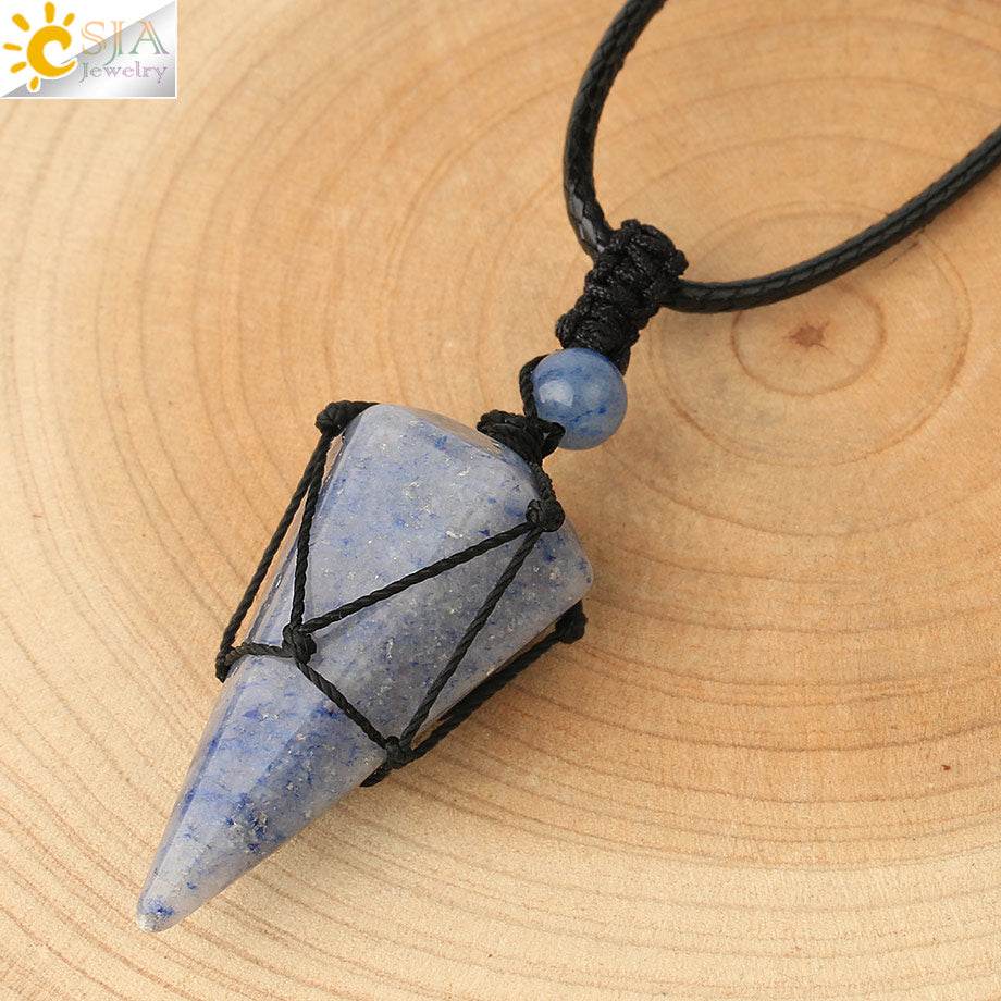 CSJA Natural Stone Cone Pendants Crystal Quartz Black Rope Wrapped Treatment Stones Necklace for Men Female Fashion Jewelry G173 - Concordia Style Boutique