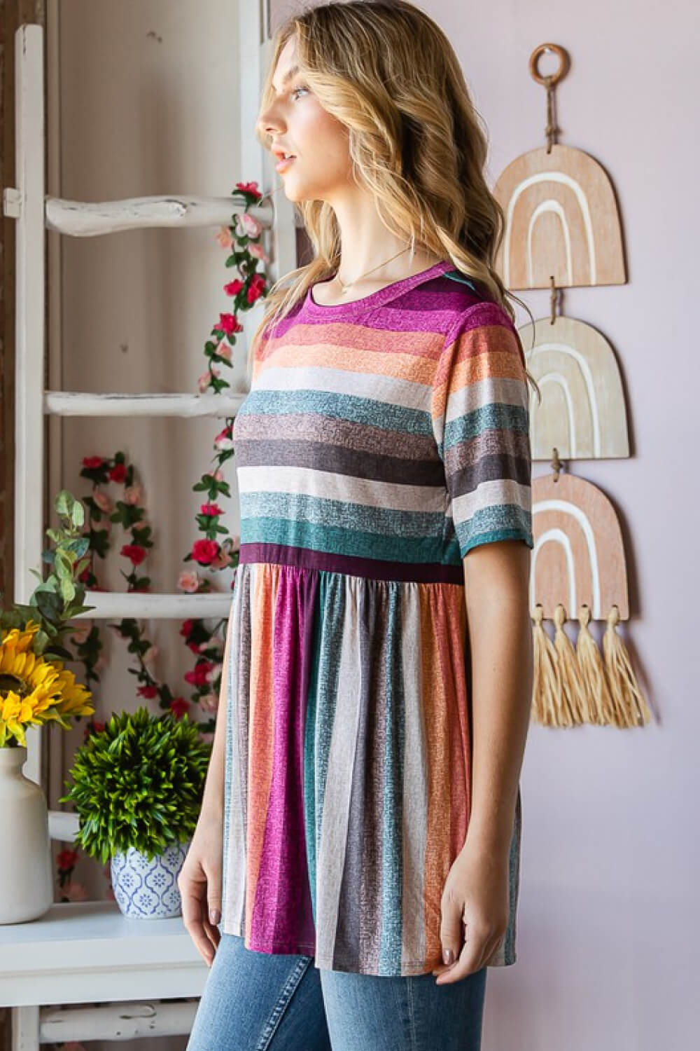 Heimish Full Size Striped Round Neck Babydoll Tee in Fuchsia Multi - Premium clothing from Trendsi - Just $14.18! Shop now at Concordia Style Boutique
