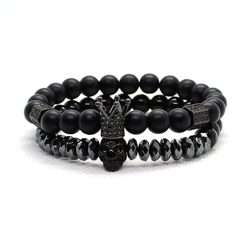 Matte Onyx Stone Beads Skull Bracelet Set Crown - Concordia Style Boutique