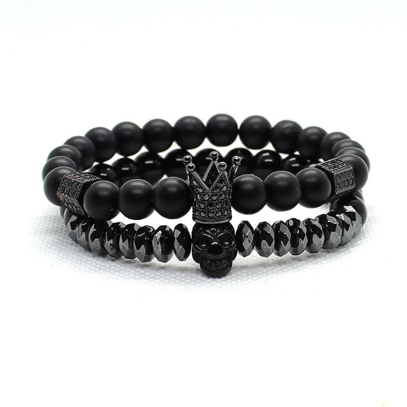 Matte Onyx Stone Beads Skull Bracelet Set Crown - Concordia Style Boutique