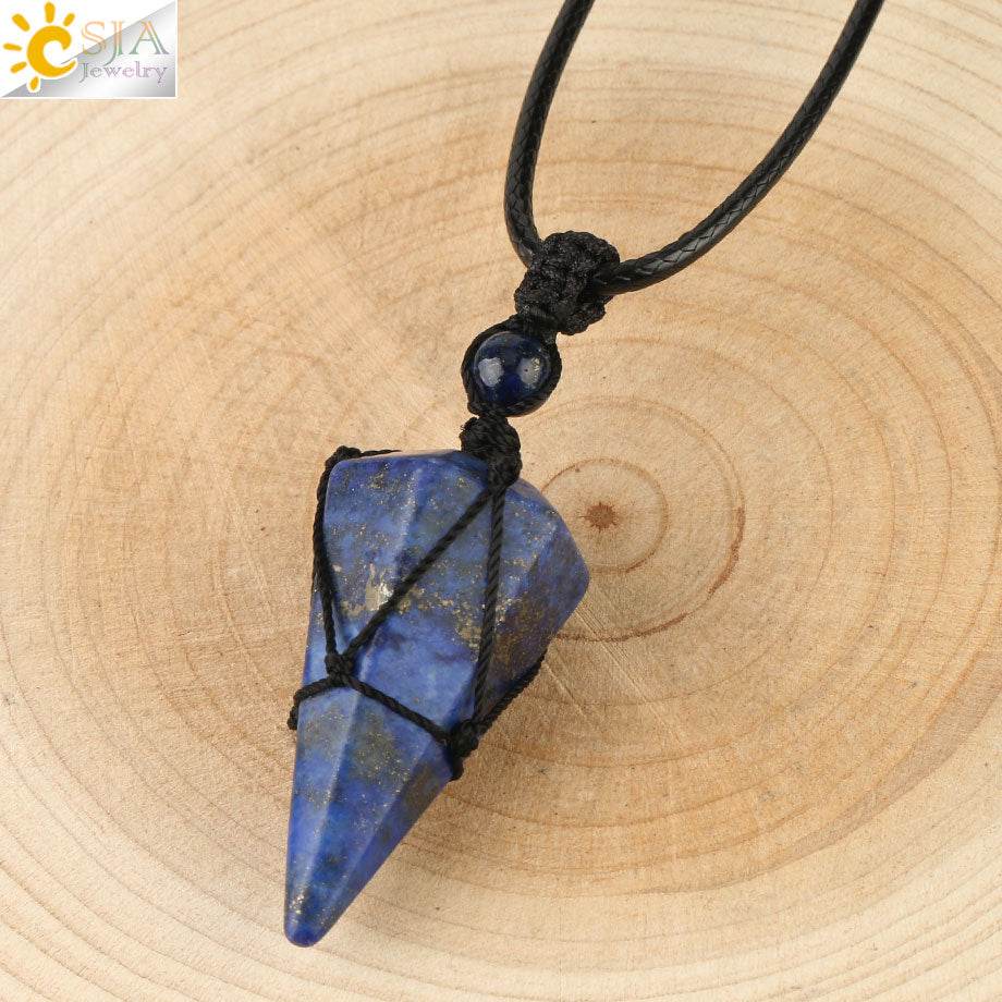 CSJA Natural Stone Cone Pendants Crystal Quartz Black Rope Wrapped Treatment Stones Necklace for Men Female Fashion Jewelry G173 - Concordia Style Boutique